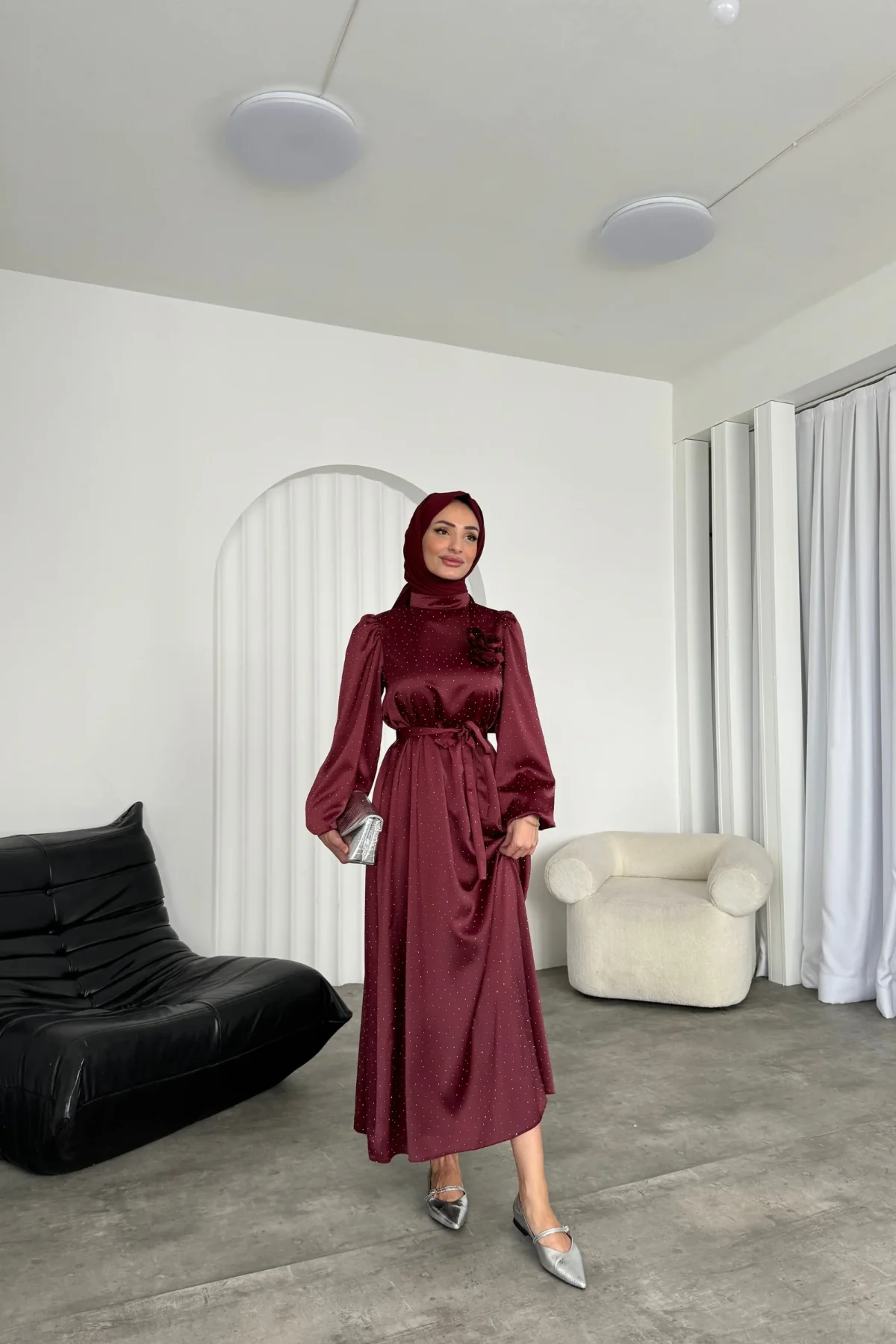 Alora Saten Taşlı Elbise
