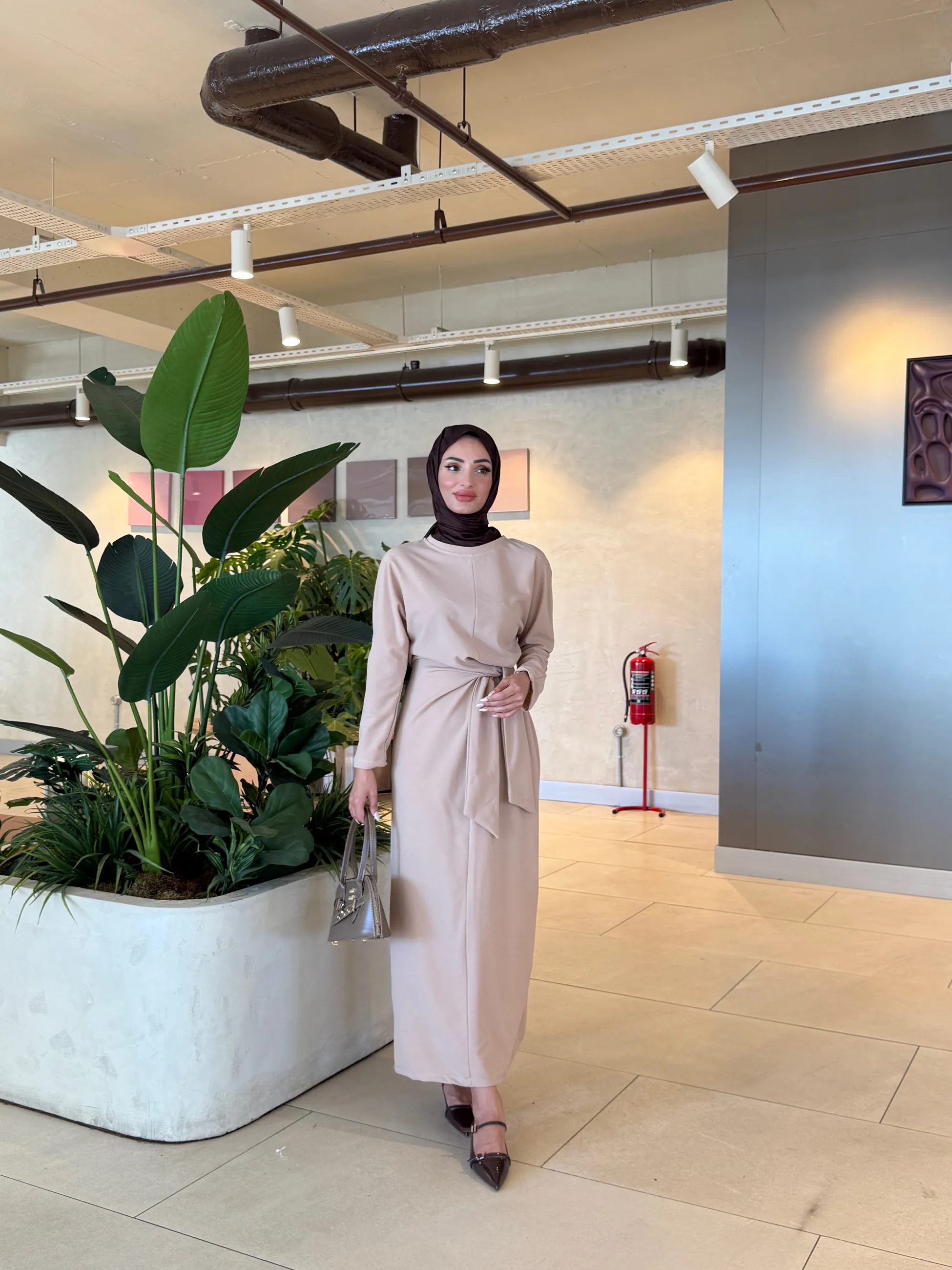 Linya Krep Elbise | Bej