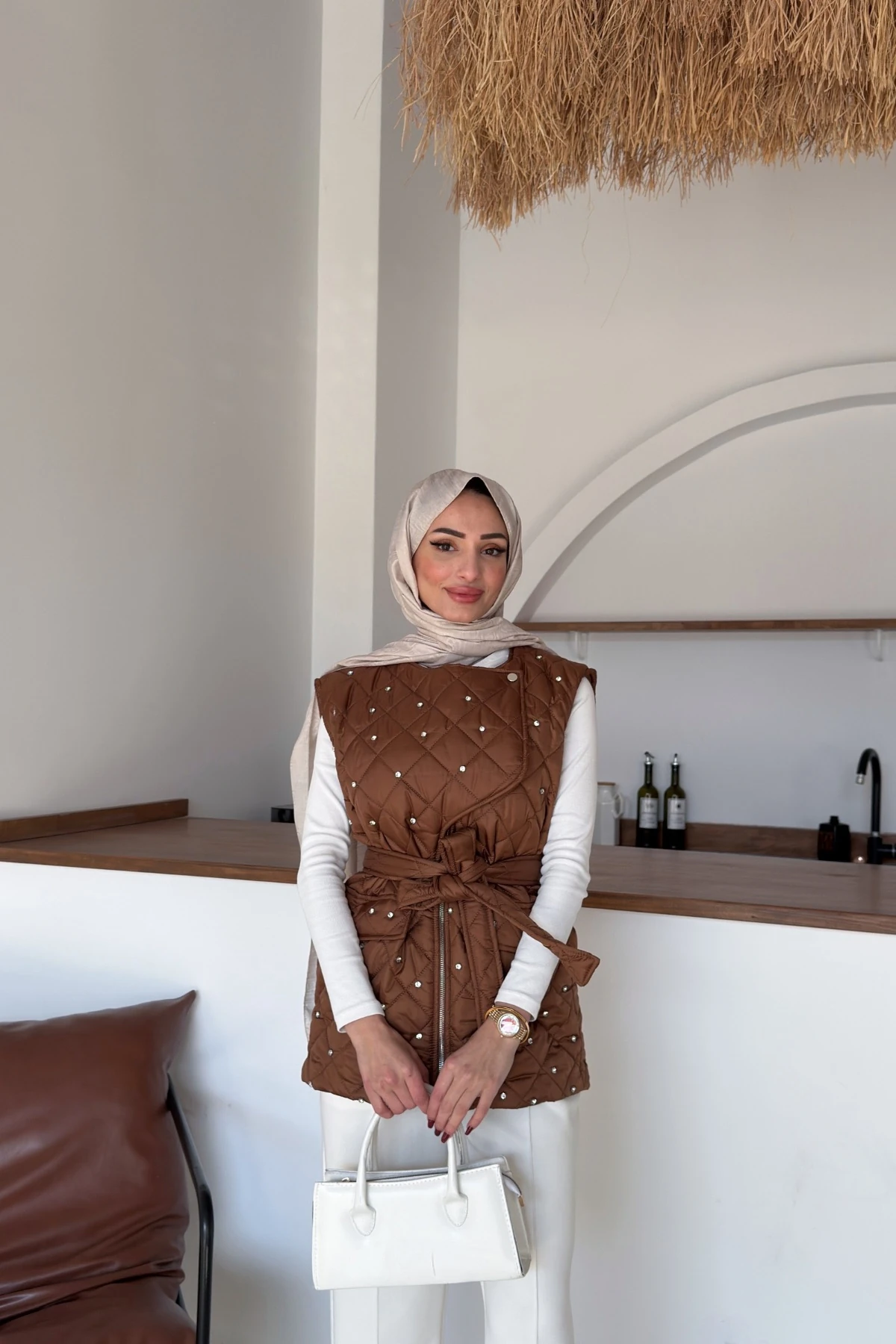 Asude Taşlı Yelek | Kahve